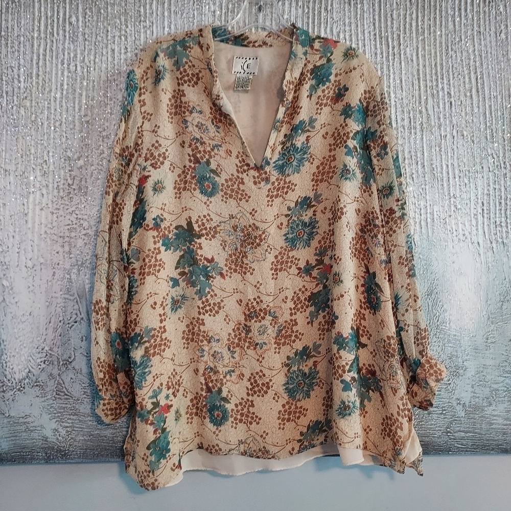 ICE 100% Silk Beaded Floral Blouse Sz-2X